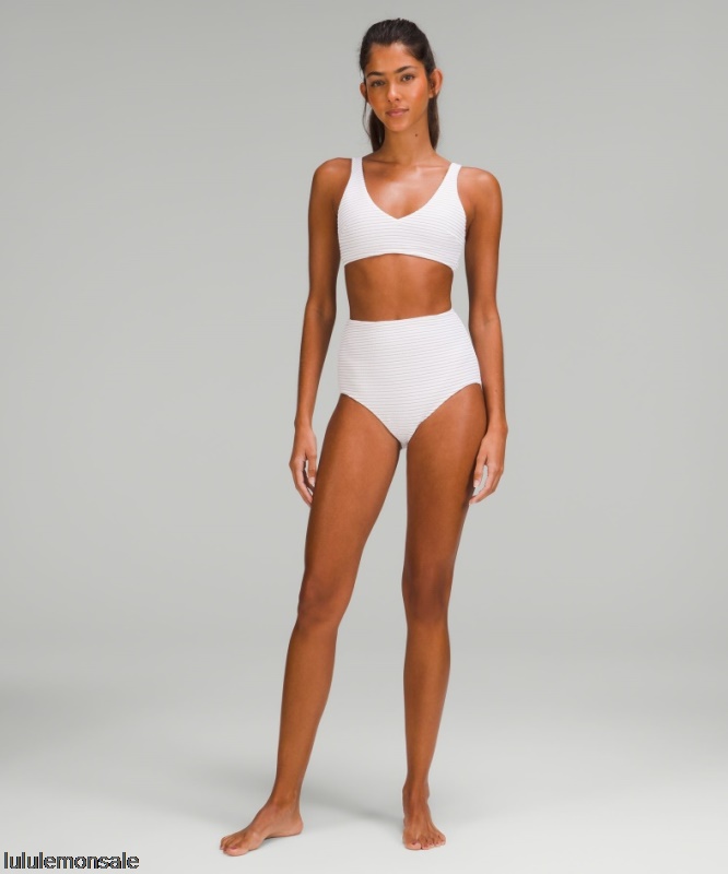 Lululemon Damen DELULU507 | Gesmokte Badehose Hohe Taille Weiß Rosa Bliss